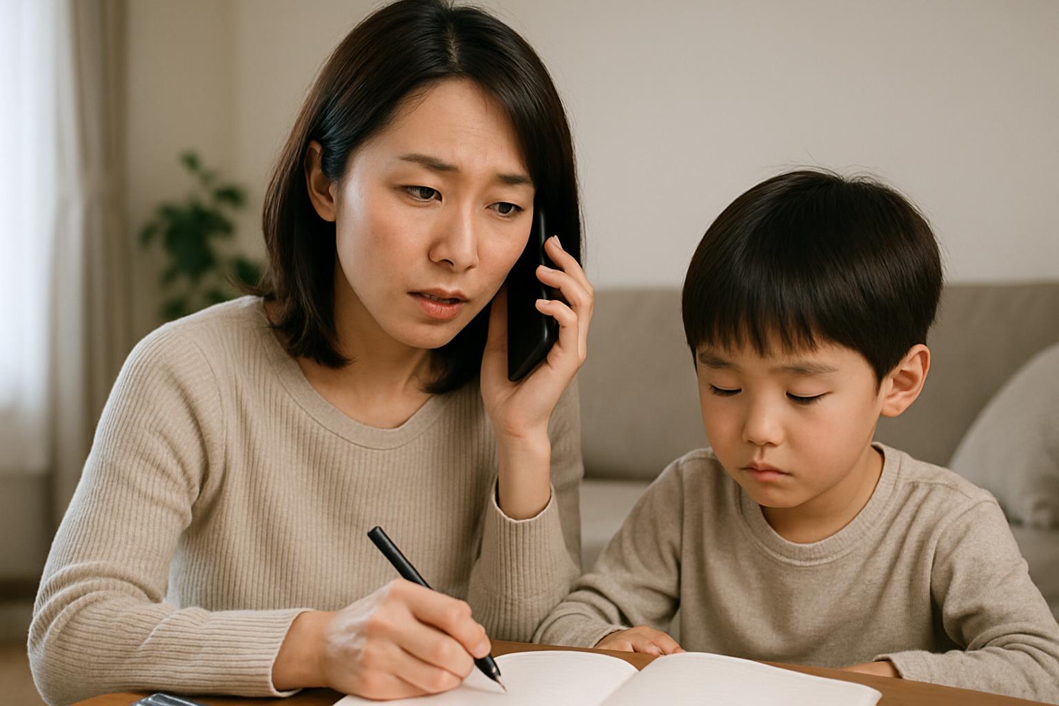 不登校の悩みを相談機関に電話で打ち明ける親の様子