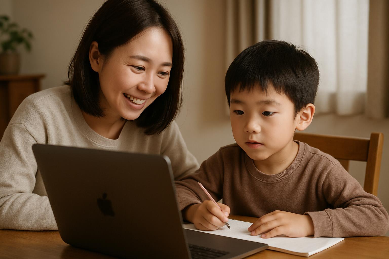 家庭のテーブルで親子が一緒に画面を見つめながら学ぶ、温かい学習風景
