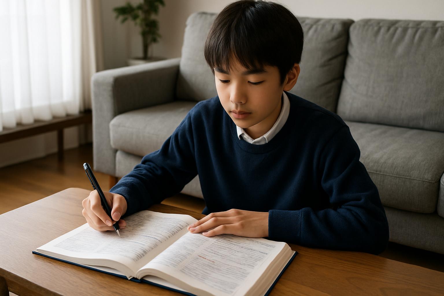参考書を広げてリビングで勉強する中学生