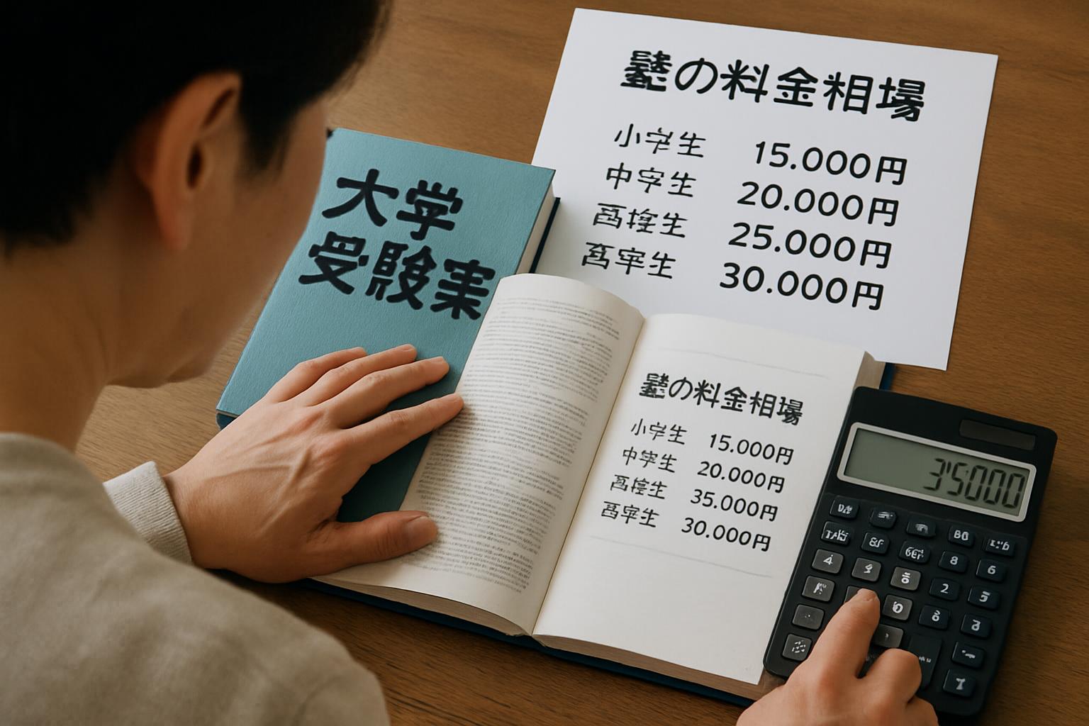 参考書と電卓を使って塾の料金相場を確認する保護者