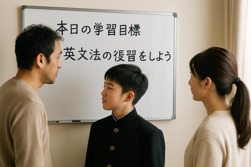 ホワイトボードに書かれた今日の学習目標を家族と確認する中学生
