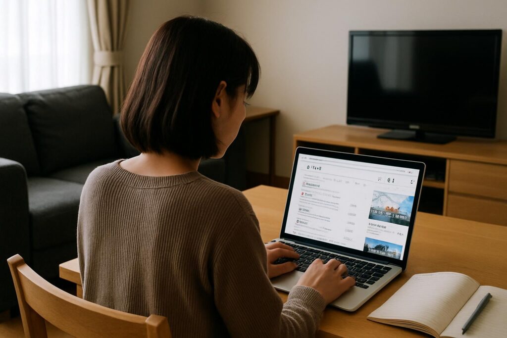 リビングで子どもの転校先を調べている母親